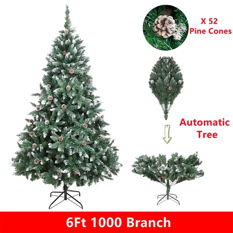 6ft 1000 ramo árvore de Natal automática com pinhas premium artificial pvc arte navidad decoração de natal 211021