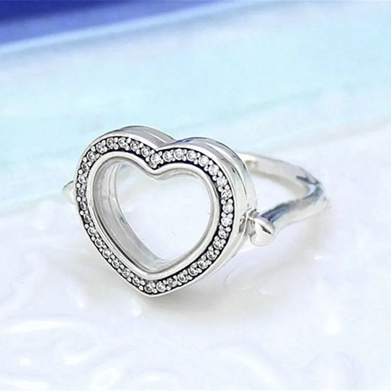 925 Sterling Silver Sparkling Floating Heart Locket Ring Fit Pandora Jewelry Engagement Wedding Lovers Fashion Ring For Women