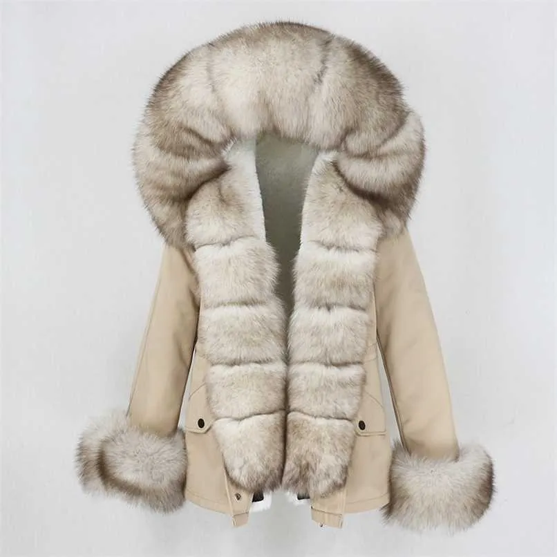 OFTBUY imperméable courte Parka veste d'hiver femmes réel manteau de fourrure col de fourrure naturelle capuche chaud Streetwear détachable 211019