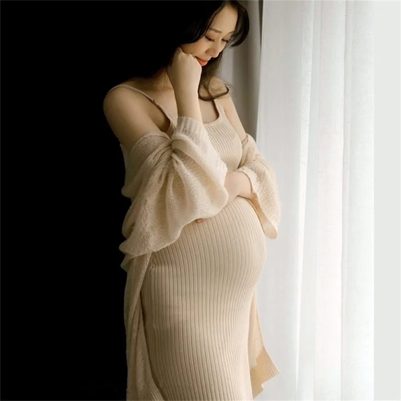 Moederschap jurk gewaad set voor zwangere vrouwen spaghetti rekbare pografie jurken zwangerschap po shoot 210922