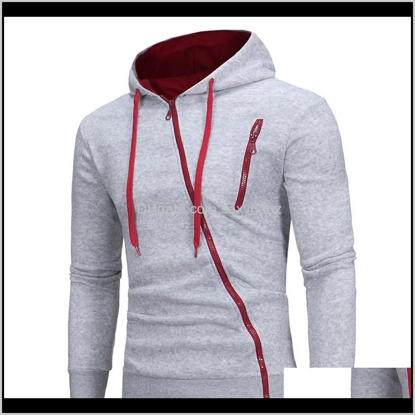 diagonal zipper men`s casual slim hooded cardigan lapel sweater solid color design long-sleeved men`s top shirt