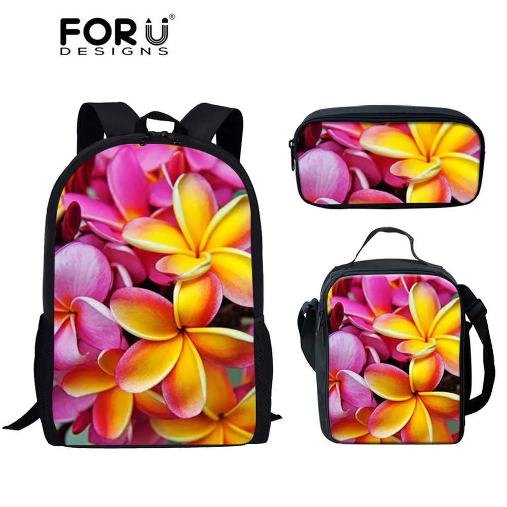 FORUDESIGNS Fashion Flower Plumeria Printed 3PCS/Set Kids School Bags Floral Backpack Girls Casual Schoolbags Book Mochila Child X0529