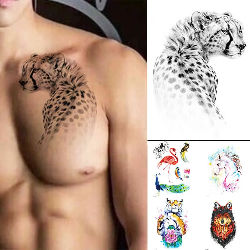 Colorful Tattoos Temporary Tattoo Waterphoof Sticker Animal Leopard Flash Rose Flower Body Art Full Arm Fake Tatoo For Women Or Men