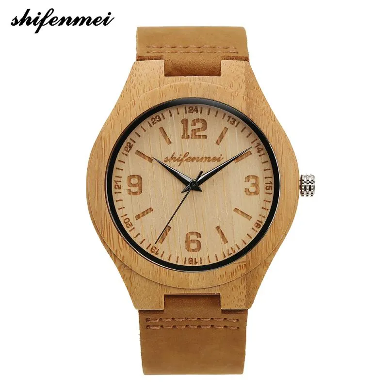 Armbandsur shifenmei retro trä klocka män bambu klockor läder militär sport klocka unisex kvarts armband relogio feminino 2140