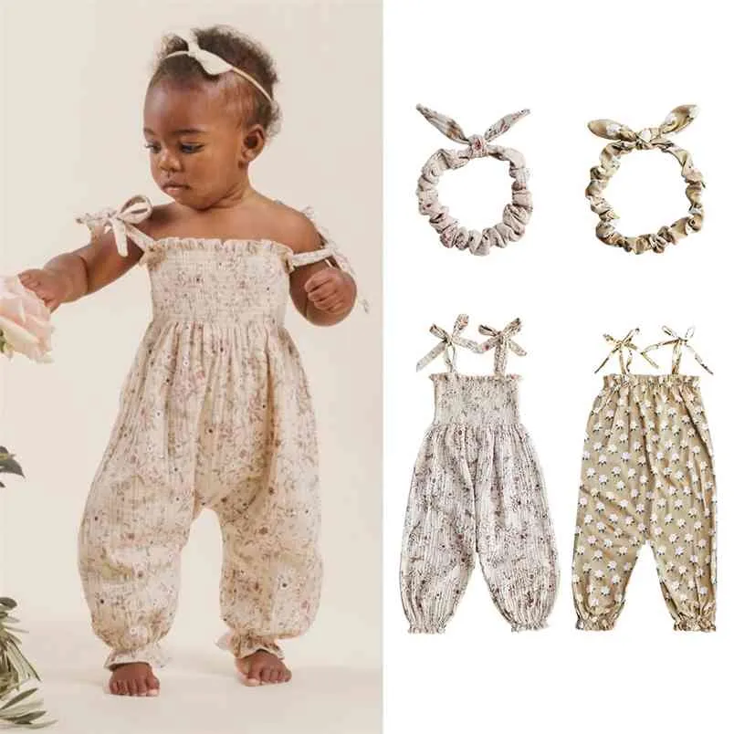 Baby 100% Bomull Overaller för sommar Vacker blommönster Jumpsuits Vintage Märke Design Girl Clothes 210619