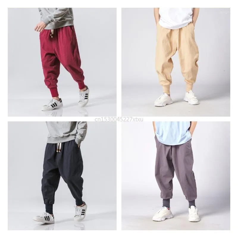 Men's Pants Cotton Harem Men Solid Elastic Waist Streetwear Joggers Baggy Drop-crotch Casual Trousers Harajuku Style Dropship