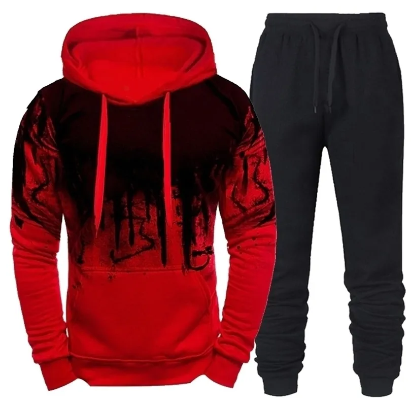 Mäns Tracksuit Sets Höst Vinter Hooded Sweatshirt 2 Piece Pullover Sportkläder Splash Ink Men Mode Kläder Plus Storlek 211220