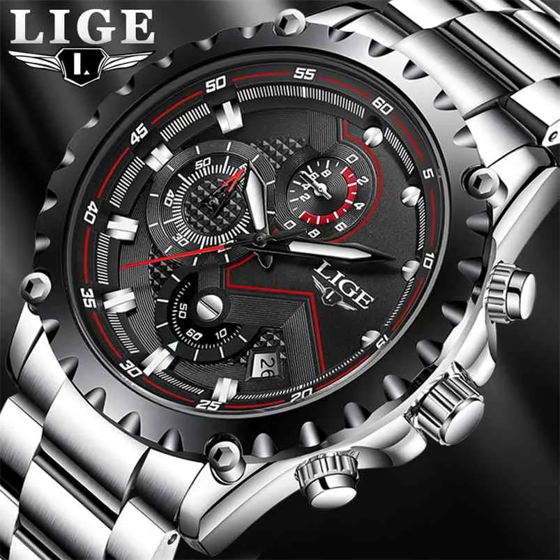 LIGE Mode Hommes Montres Top Marque De Luxe Argent En Acier Inoxydable 30m Étanche Quartz Montre Hommes Armée Militaire Chronographe 210914