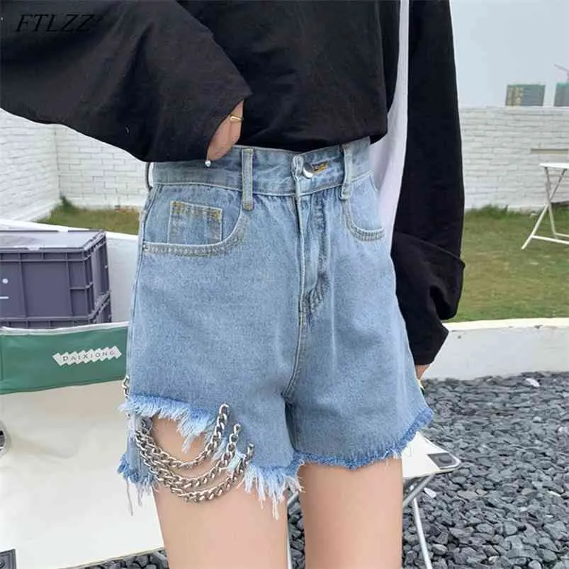 Zomer vrouwen hoge taille kettingen blauwe denim shorts streetwear vrouwelijke losse asymmetrische kwastje dames jeans 210430