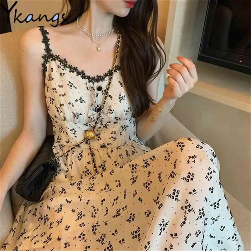 Vintage sans manches robe femmes Y2k français Floral belle Spaghetti sangle Femme réservoir lâche été Chic fille robe d'été 210421