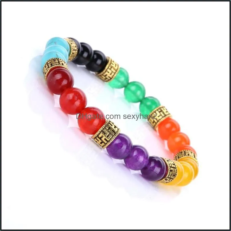 Natural Stone Seven Chakras Strand 8mm Purple Red Yellow Black Colorful Rainbow Beads Bracelet Buddha Stretch Yoga Men Jewelry Beaded,