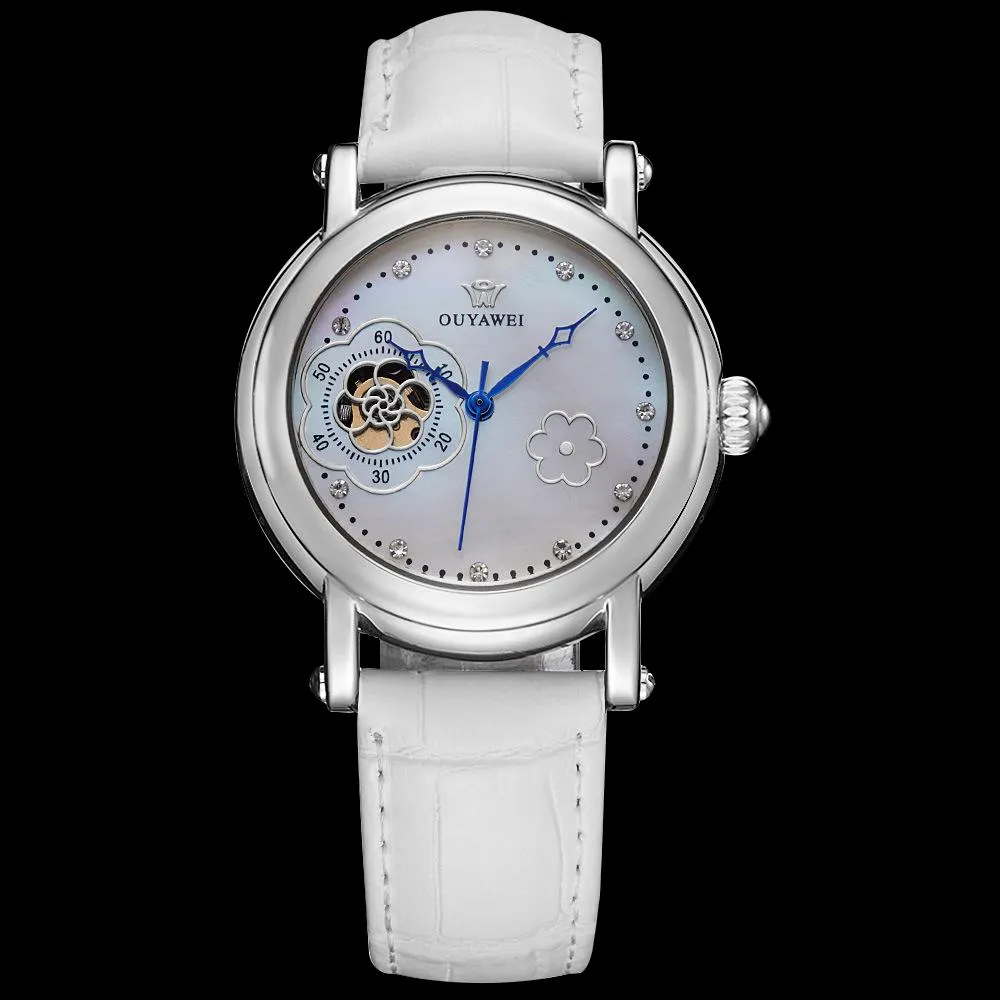 women Automatic Mechanical watch Luxury watches white Flowers dial Hollow Ladies Rhinestone Leather strap sports Costume wristwatch