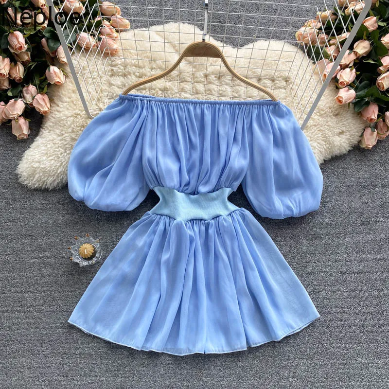 Neploe Off Shoulder Blouse Women Summer Blusas Puff Short Sleeve Slim Waist Ruffles Swing Chiffon Shirts Sweet Tops Mujer 210422