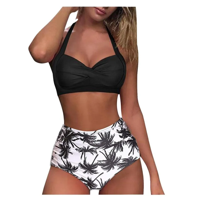 Women's Swimwear Women Vintage Swimsuit Tree Print Bikini Ladies Two Piece Halter Ruched High Waist Set Fatos De Banho #G1