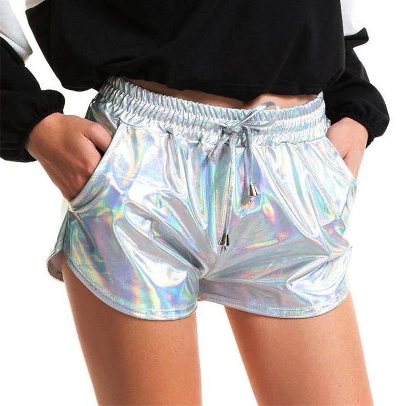 Damskie Spodenki Kobiety Błyszczące Metallic 2021 Letni Holografic Wet Look Casual Elastyczna Sznurek Festiwal Rave Booty