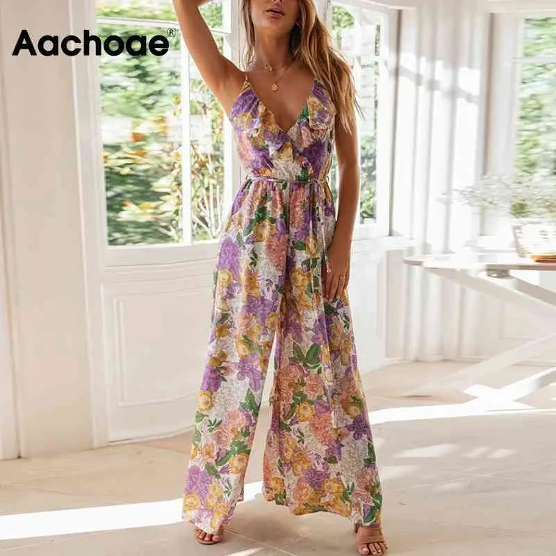 Sexy col en V profond Boho imprimé floral combinaisons avec ceinture sans manches dos nu plage combishorts volants été longs sauts 210413