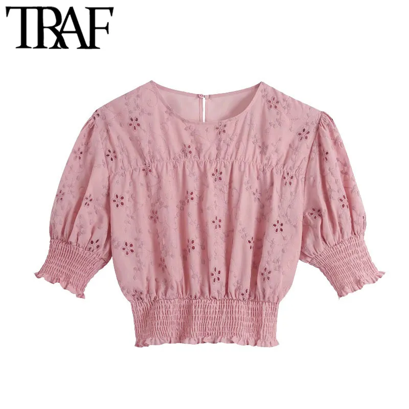 TRAF Women Fashion Hollow Out Embroidery Cropped Blouses Vintage Short Sleeve Elastic Hem Female Shirts Chic Tops 210415