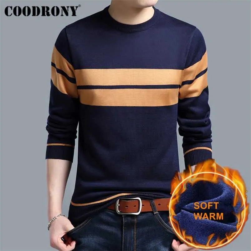 Coodrony Gruby Ciepła bawełniana liniowa O-Neck Pull Homme Boże Narodzenie Sweter Mężczyźni Zima Wełna Męskie Swetry Casual Pullover Men H018 211018