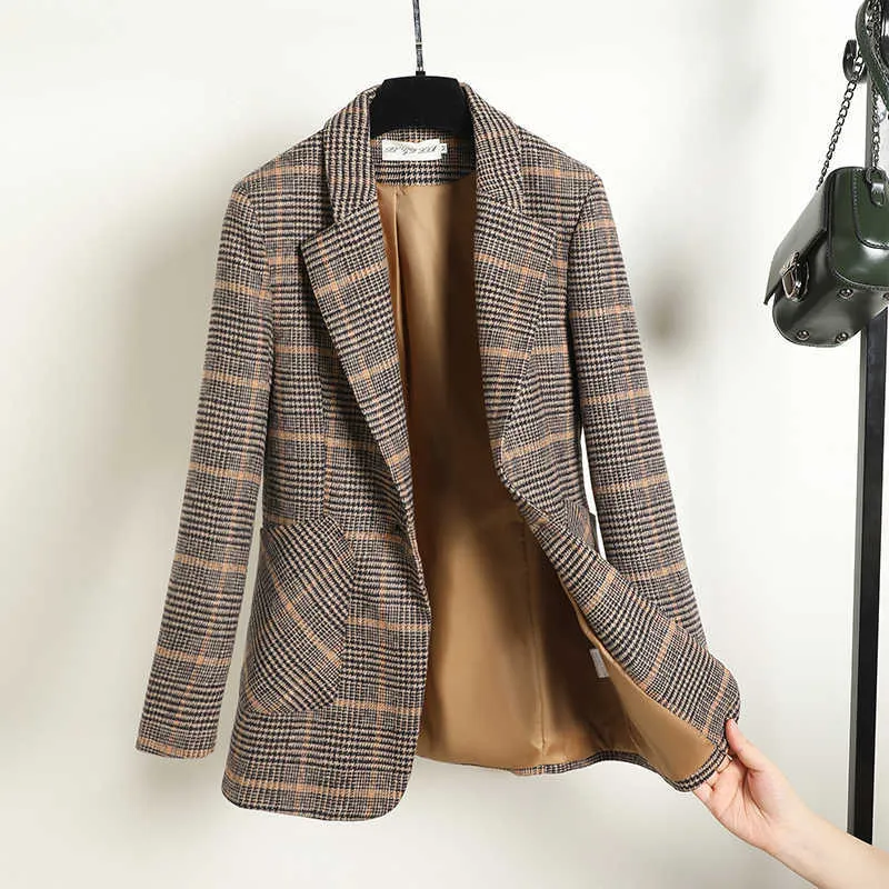 Små kostymjacka Kvinnors Höst och Vinter Koreansk stil Slank Plaid Högkvalitativ Damer Woolen Coat Fashion Blazer 210527