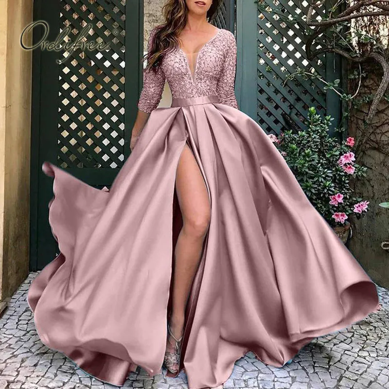 Lente herfst vloer lengte lange partij elegante dame kant sexy gespleten satijn maxi jurk plus size S-5XL 210415