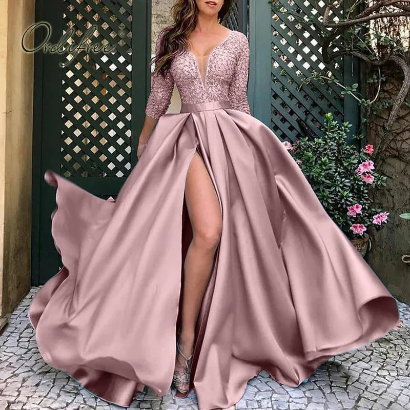 Printemps automne étage longueur longue fête élégante dame dentelle Sexy fendu Satin Maxi robe grande taille S-5XL 210415