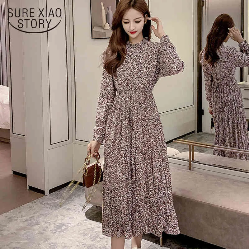 Chiffon Floral Print Women Spring Soft Midi Party Dress Long Sleeve Empire Stand Collar Elagant Vestidos 8801 50 210417