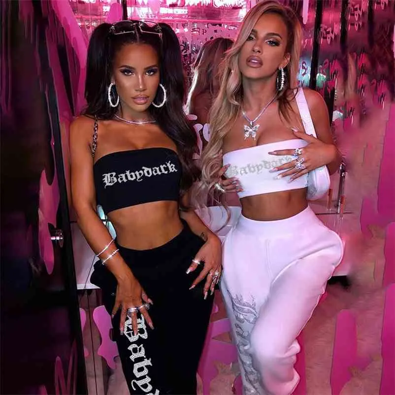 NCLAGEN Bling Letter Two Pieces Set Women Strapless Tube Tank Top And Atheleisure Jogger Sweat Pants Casual Tracksuit 210727