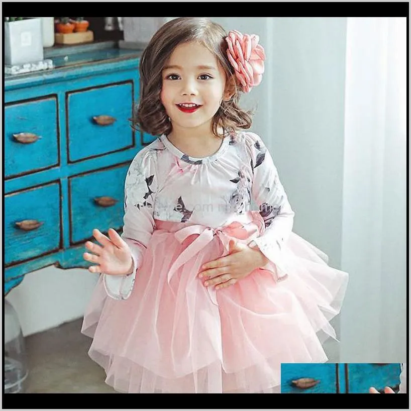 girls floral printed dress bow round neck long sleeve bow floral tutu dress party puffy yarn princess skirt 2-6t