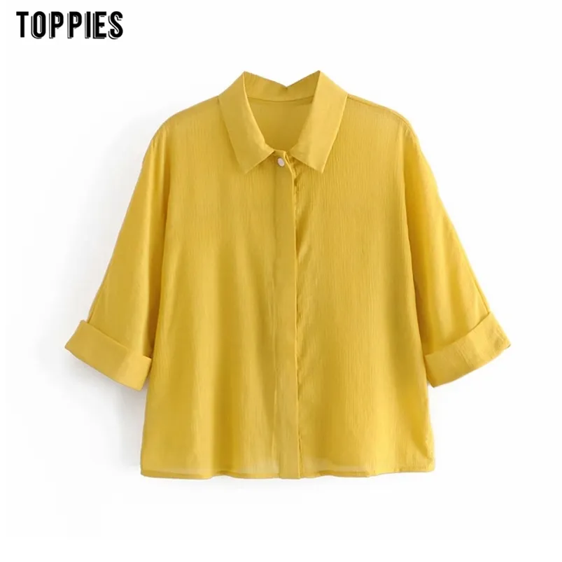 Koszulki damskie żółte obrót kołnierz pani luźne bluzki po prostu stylowe przyciski Casual Office 210421