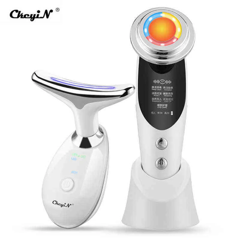 NXY Appareils de soins du visage Ckeyin 7 en 1 Visage Cou Rf Machine de Levage Microcourant Rajeunissement de la Peau Masseur Facial Led Photon Thérapie Dispositif de Serrage 0222