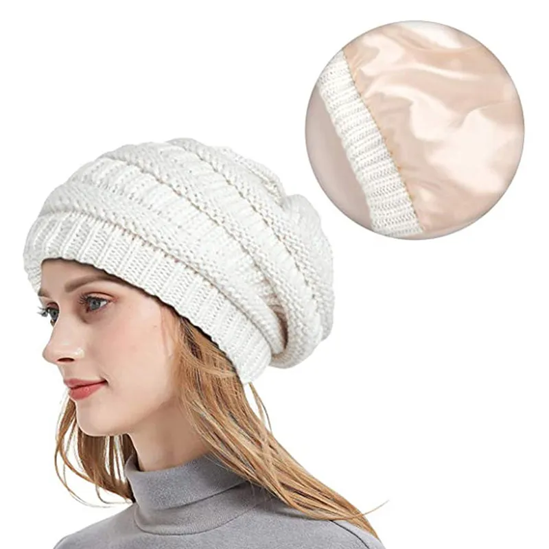 Moda autunno inverno Cappelli caldi ispessiti per donna con fodera in raso elastico cappello lavorato a maglia in lana geometrica berretto berretto fatto a mano solido cofano femminile