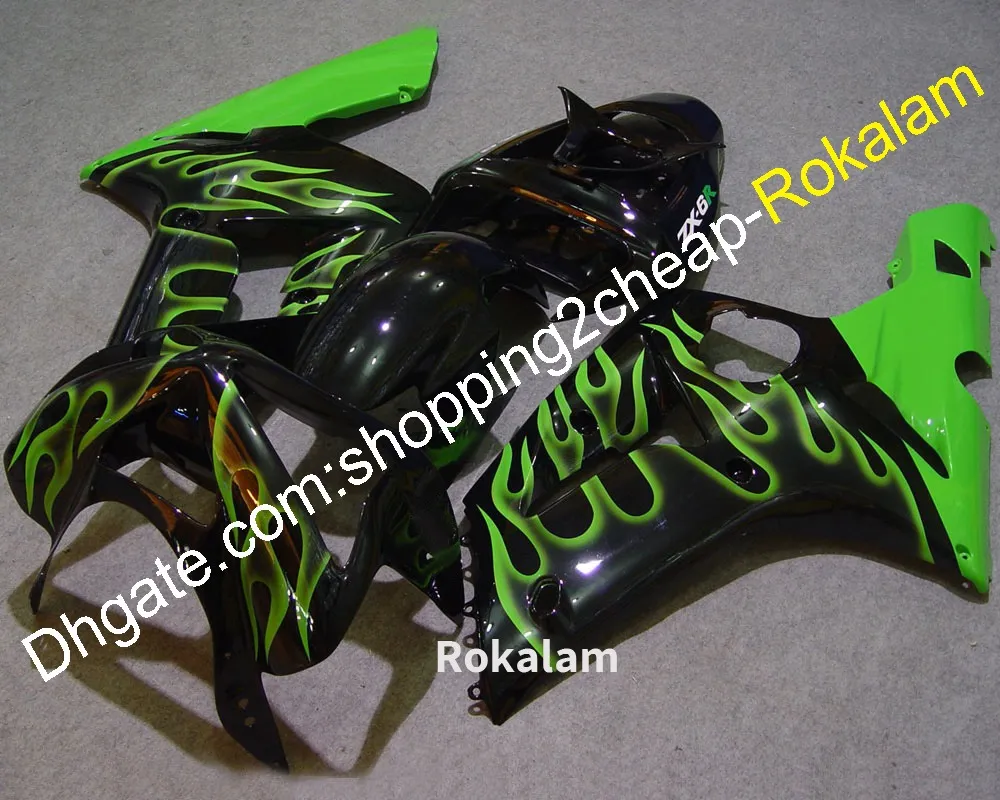 Verklei voor Kawasaki ZX 6R-onderdelen 03 04 ZX6R 636 2003 2004 Groene vlam Black Motorcycle Fairing Kits (spuitgieten)