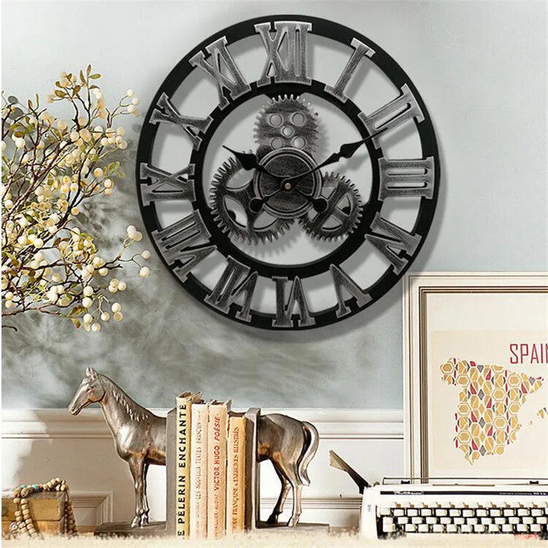 Handmade 3D large vintage quartz wall clock watch decor for living room silent watch wall clock big gear wooden wanduhr klok (1)
