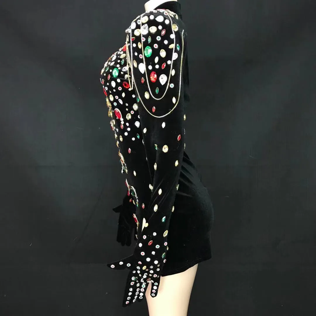 Multi Color Big Rhinestones Black Dress Glass Stones Women