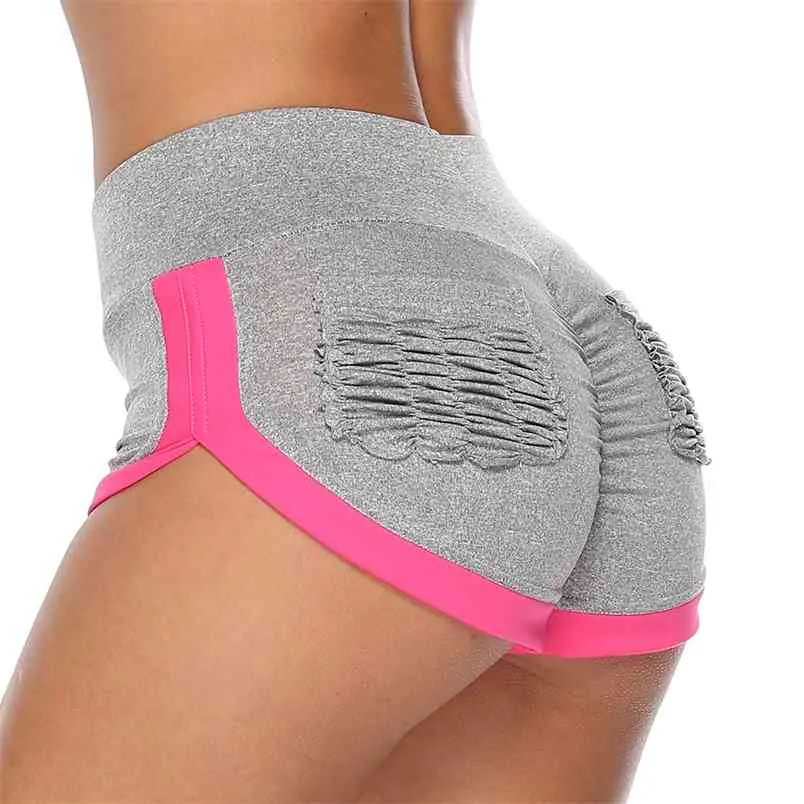 Women's Sports High Waist Shorts Wrinkle Pocket Gym Workout Fitness Leggings Athletic Breathable Grey Pink Patchwork 210604