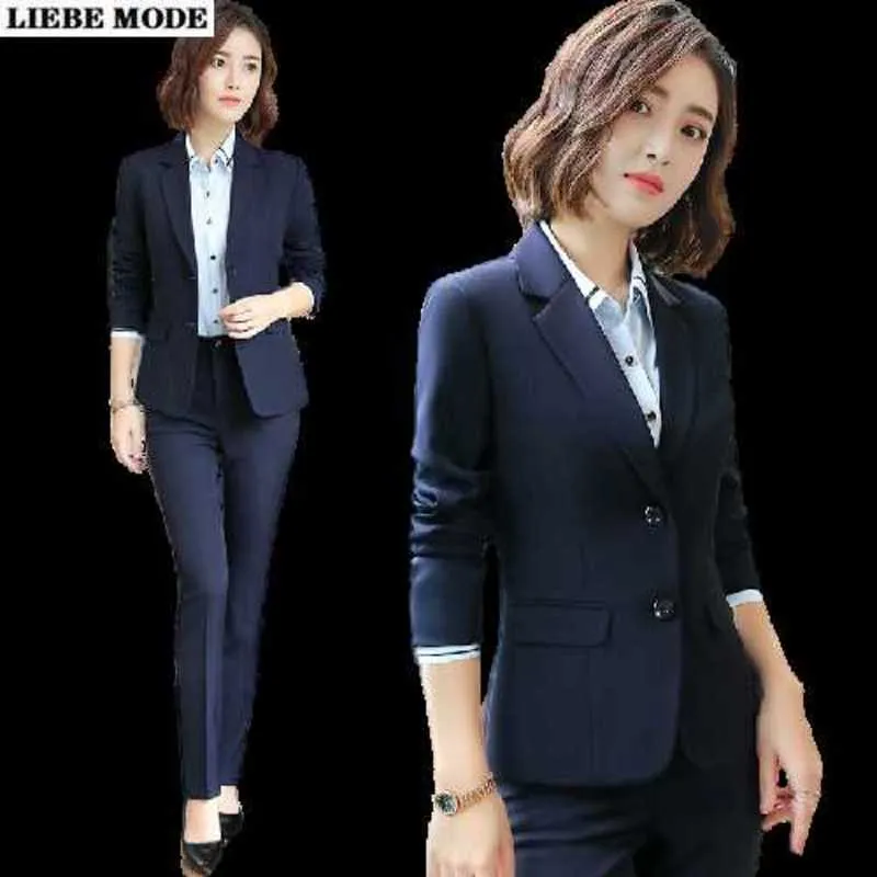 Koreansk stil Kvinnors arbete slitage Kvinnor Svart Navy Blue Office Pant Passar Kvinnor Business Formal 2 Piece Set Blazer And Pants 210927