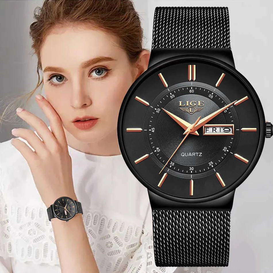 女性はLige Topブランドの高級超薄いブレスレットの腕時計の女性メッシュストラップの防水クォーツ時計レオギオFemininos 210616