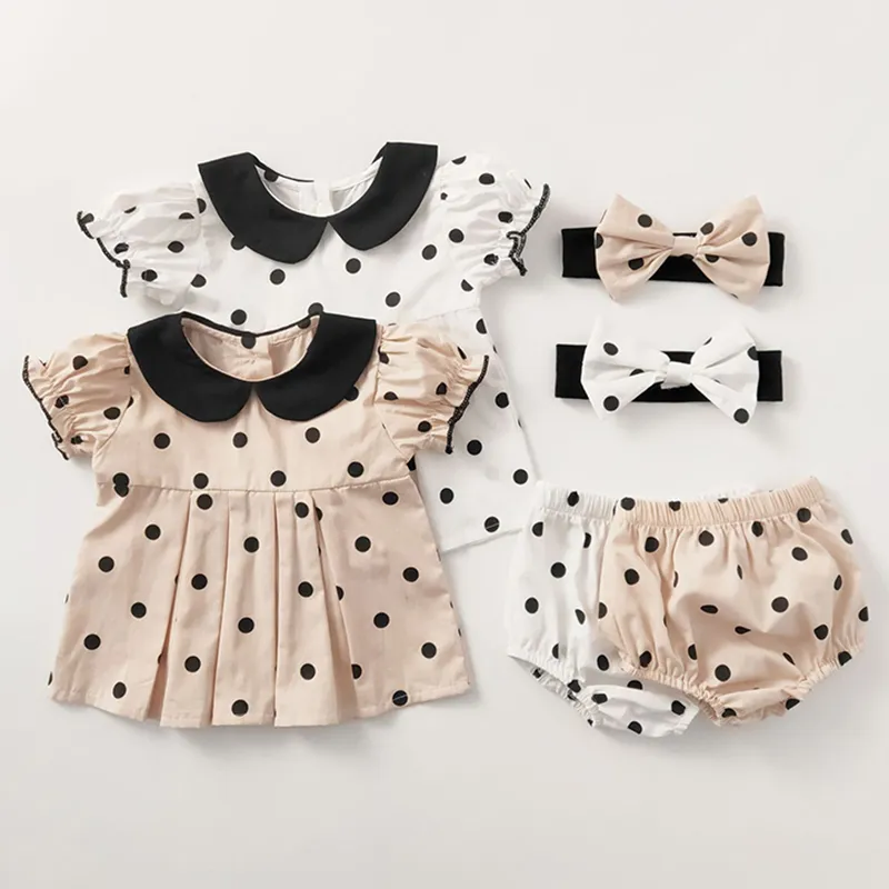 1-3yrs baby meisjes kleding sets zomer meisje set dot korte mouw top + shorts + haar riem 3pcs / set 210429