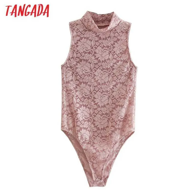 Tangada Fashion women pink lace bodyshirt shirt playsuit sleeveless long Sleeve buttons Female tops QJ54 210609