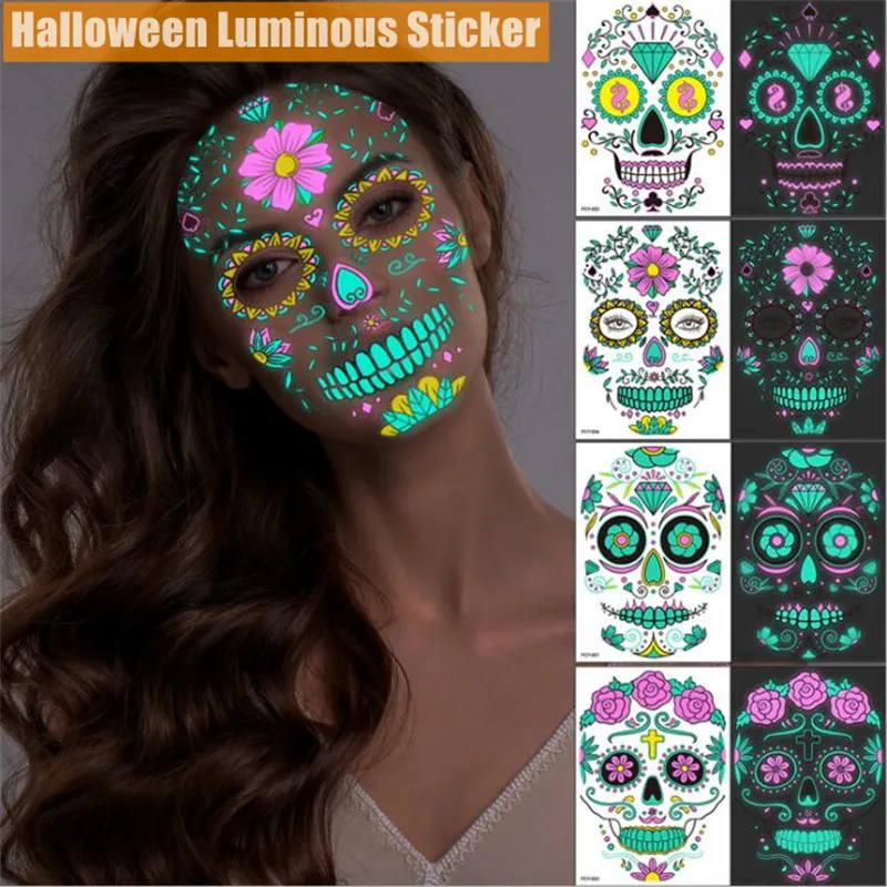 Party Decoration Halloween Face Tatueringar Glöd i Dark Spider Web Scarr Roses Fullface Mask Lysous Tatuering Klistermärken för Kvinnor Män A02