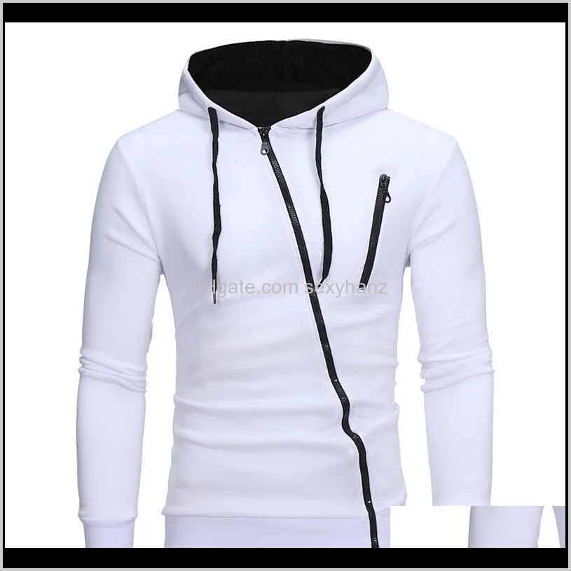 diagonal zipper men`s casual slim hooded cardigan lapel sweater solid color design long-sleeved men`s top shirt