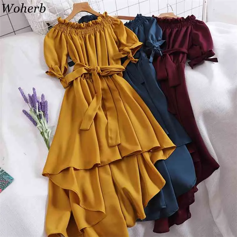 Woherb Summer Casual Szyfonowy Off Bandaż Na Ramię Dres Sexy Asymetryczne Ruffle Suknie Vestidos de Festa 22291 210623