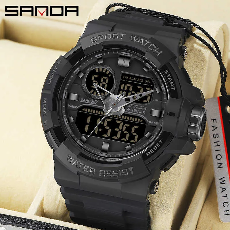Sanda Mode Sport Dual Display Quartz Watch Mäns G Style Lysande 50 meter Vattentät Multi-Function Men Watch G1022
