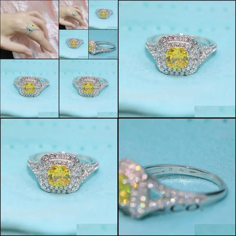Wedding Rings Original Fashion Real925 1:1 LOGO Multilayer Yellow Square Stone TIF Ring Ladies Jewelry Ity Proposal Gift
