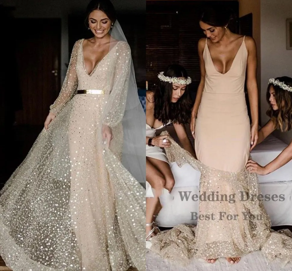 Champagne Glitter Boho Bride Gowns with Deatachable Coat, Gold Sash Bar in Door, and Long Sleeves - 2022 Collection Champagne Glitter Boho Bride Gowns with Deatachable Coat, Gold Sash Bar in Door, and Long Sleeves - 2022 Collection