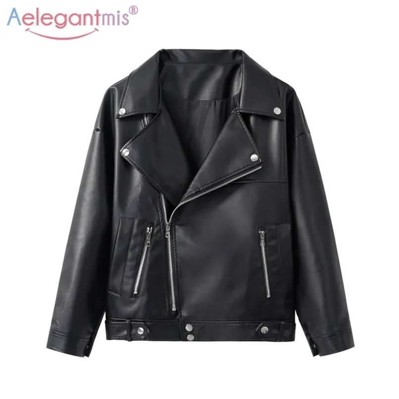 AELEGANTMIS Loose PU Faux Skórzana Kurtka Kobiety Klasyczna Moto Biker Kurtka Jesień Winter Lady Podstawowy Płaszcz Plus Size Outerwear 211007