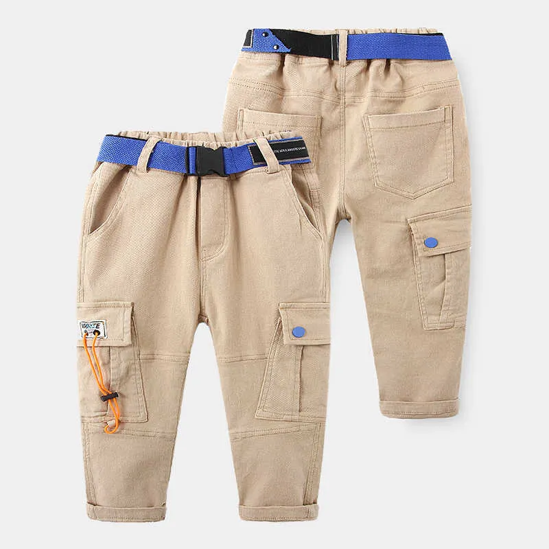 Bébé long Cargo pantalon printemps automne vêtements pour enfants enfants grande poche adolescents décontracté pantalon ample avec ceinture pour garçons 210529