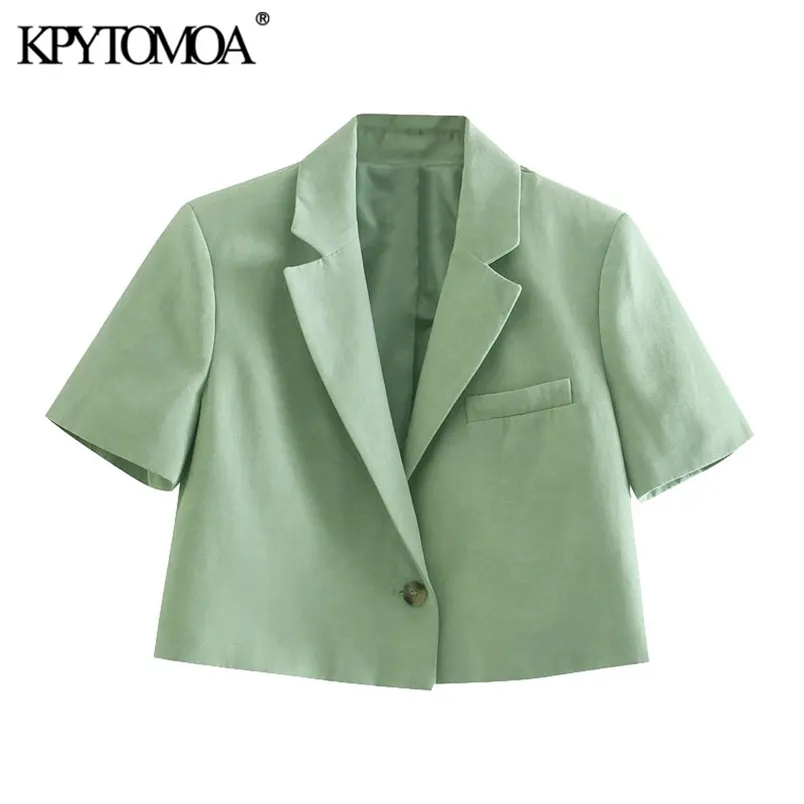 Women Fashion Single Button Linen Cropped Blazer Shorts Sleeve Female Outerwear Chic Veste Femme 210420