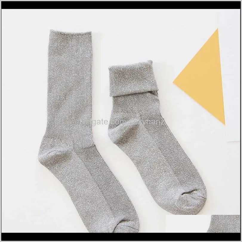 sp&city winter cotton solid shiny woman simple socks fashion art fold female student thick warm socks shiny metallic line sock