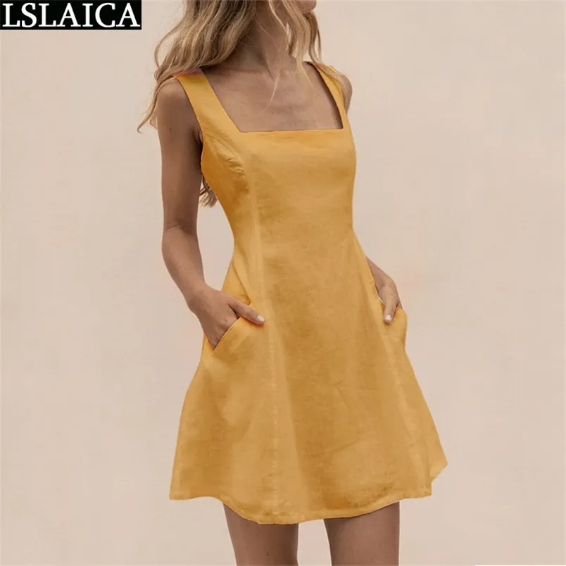 Frauen Kleid Französisch Classy Quadrat Kragen Sommer Kleidung Für Casual Tasche Einfarbig A-Line Jurken Zomer 210515